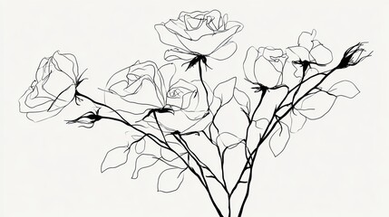 Detailed Line Art Drawing Of Roses In Monochrome Botanical Illustration