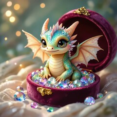 Adorable baby dragon nestled in luxurious velvet box with sparkling gems.