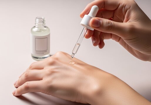 A person's hand carefully applies a clear liquid serum from a dropper bottle onto the back of another hand, showcasing a skincare routine.