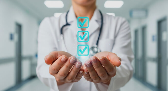 Doctor presenting checklist in hands in a hospital hallway with a stethoscope around neck - Powered by Adobe