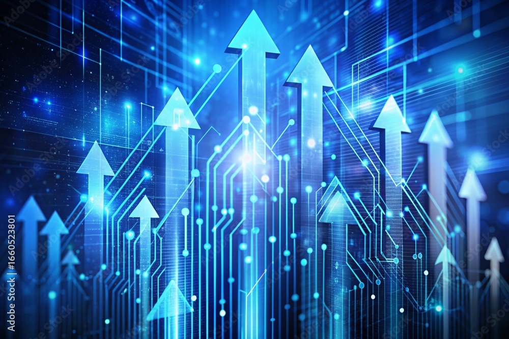 Fototapete rising arrows on a digital blue background symbolizing growth in technology and network sectors abst