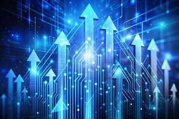 Rising arrows on a digital blue background symbolizing growth in technology and network sectors abstract concept 3d rendering