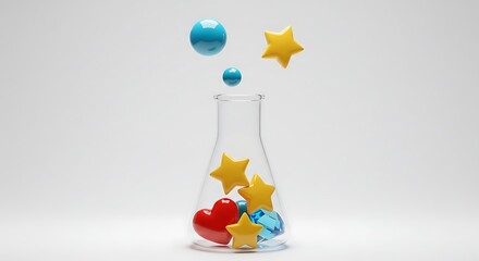 Colorful stars hearts and bubbles in a glass flask isolated on white background