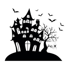 Haunted House with Bats and Spooky Tree Halloween Illustration