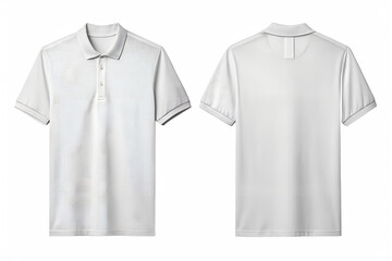 Two views of a plain white short sleeved polo shirt shown front and back isolated on transparent background