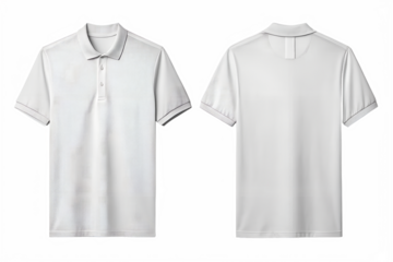 Two views of a plain white short sleeved collared t-shirt shown front and back isolated on transparent background