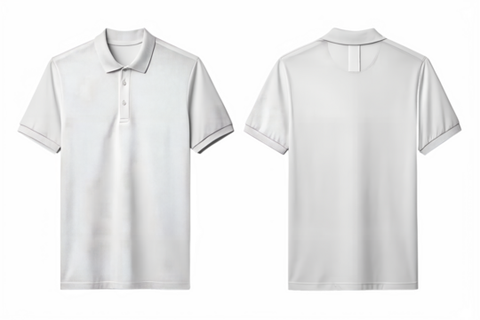 Two views of a plain white short sleeved collared t-shirt shown front and back isolated on transparent background