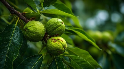 Macro Photography of a Thriving Walnut Tree with Lush Green Walnuts on the Verge of Blooming, Highlighting Intricate Foliage and Detailed Textures in High Contrast