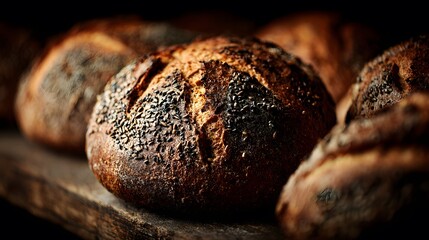 Exquisitely Detailed Macro Shot of Wholemeal Bread Crust with Assorted Seeds Displayed in an Authentic Bakery Environment