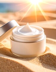 Sunlit cream jar sits on beach sand, lid ajar, showcasing creamy texture
