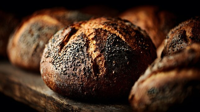 Exquisitely Detailed Macro Shot of Wholemeal Bread Crust with Assorted Seeds Displayed in an Authentic Bakery Environment