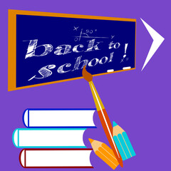 School attributes on an ink-colored background with an arrow. Illustration - invitation to school.

