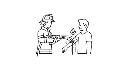 Firefighter Vector Illustration: Fireman Extinguishing Flames on Injured Man, Modern Outline Style Icon 