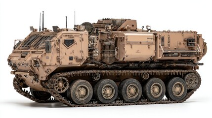 Detailed Military Tracked Armored Combat Vehicle On A White Background