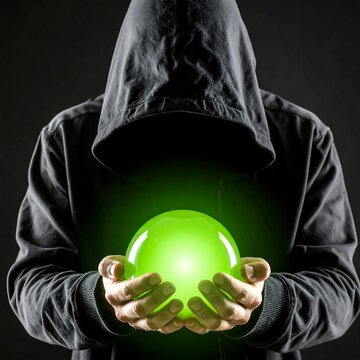 Hooded figure cradles a glowing green orb