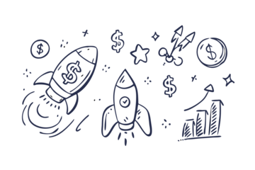 Whimsical hand drawn space rocket illustrations with stars planets and cosmic elements