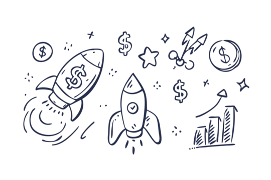 Whimsical hand drawn space rocket illustrations with stars planets and cosmic elements - Powered by Adobe