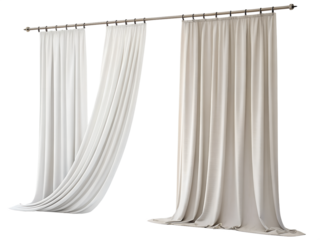 Elegant flowing fabric curtains in white and beige hanging from a metal rod isolated on transparent background