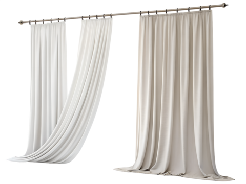 Elegant flowing fabric curtains in white and beige hanging from a metal rod isolated on transparent background