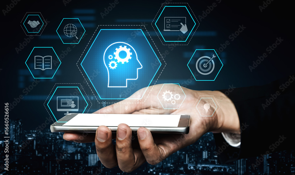 Poster head with gear and icons representing learning, digital training, and development process, showing s