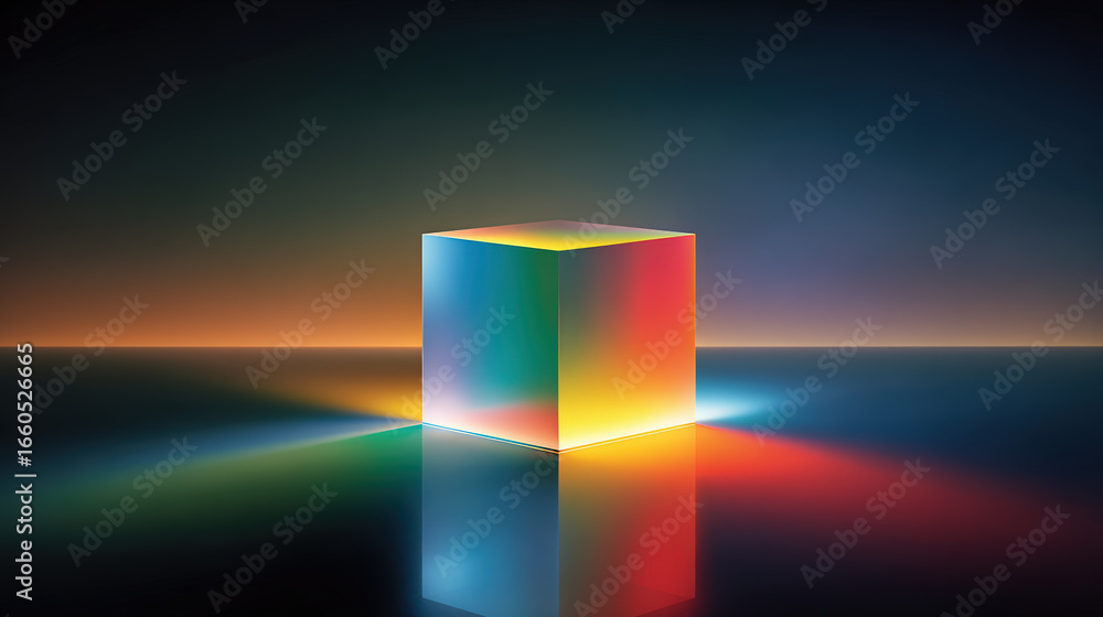 Poster vibrant cube reflecting colorful light dark environment creates captivating visual experience. inter