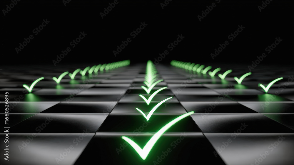 Poster green check marks on dark checkered background create sense of achievement and progress, symbolizing