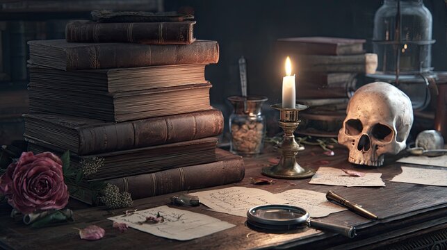 A Dark Academia Still Life Antique Books, Skull, And Rose On A Wooden Desk Illuminated By Candlelight