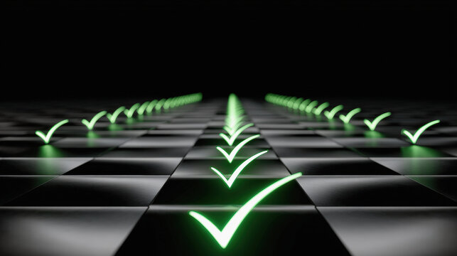 Green check marks on dark checkered background create sense of achievement and progress, symbolizing success and completion