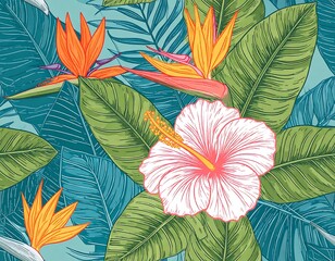 Vibrant tropical bloom pattern offering a bold, colorful island vibe for modern designs and summer themes