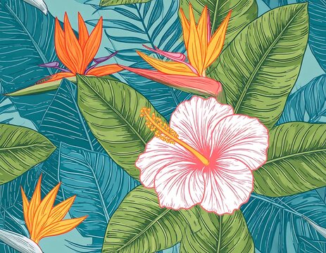 Vibrant tropical bloom pattern offering a bold, colorful island vibe for modern designs and summer themes