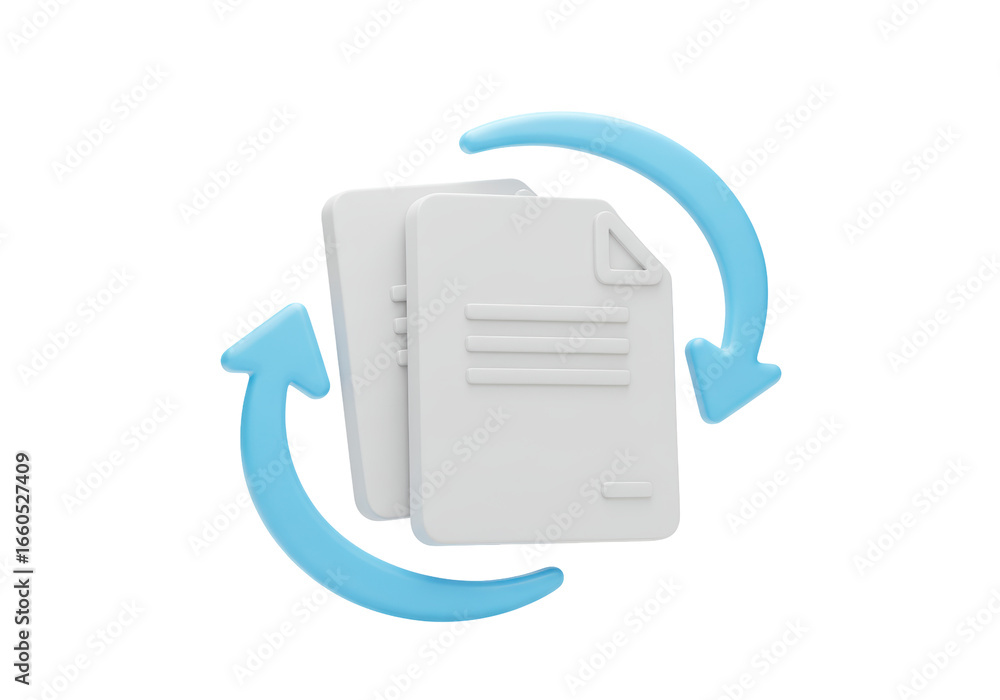 Poster isolated 3d render of documents with refresh arrows, representing file synchronization
