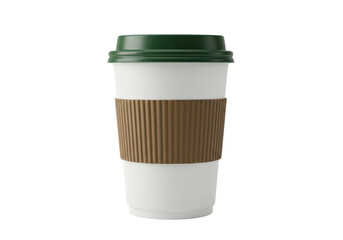 Isolated 3D Render of a White Disposable Coffee Cup with Green Lid and Cardboard Sleeve