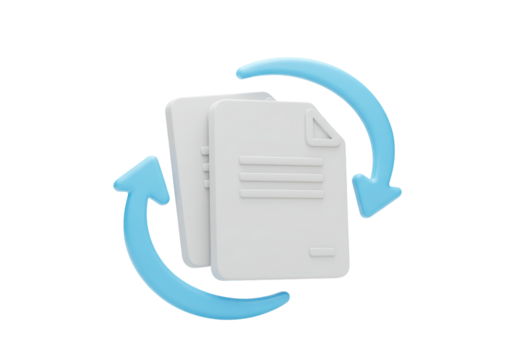 Isolated 3D Render of Documents with Refresh Arrows, Representing File Synchronization
