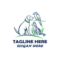 Obraz premium Pet Care Logo Design with Dog, Cat and Bird Vector Illustration