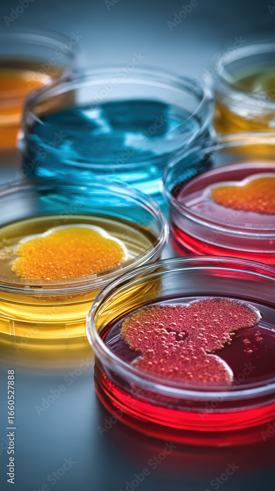 Poster colorful petri dishes filled with vibrant liquids create visually striking display, showcasing vario