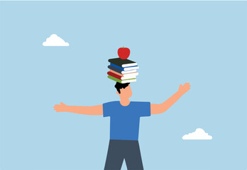 Business development books, businessman balance books stack on his head with apple on top.
