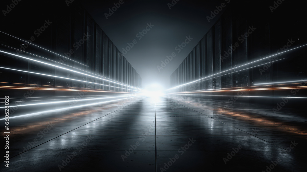 Poster data center with rows of servers illuminated by neural light streams, creating futuristic atmosphere