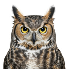 Obraz premium Great horned owl face close up isolated on transparent background