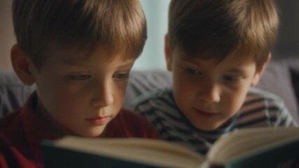 Heartwarming video of two children sitting indoors and reading a book together. Great for education, learning, childhood bonding, and family moments. - Powered by Adobe