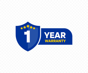 1 Year warranty shield label icon badge design. 1 Year Warranty Badge Label vector design and illustration.

