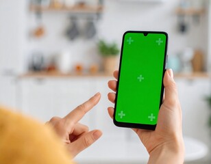 Person holds smartphone with green screen, finger pointing