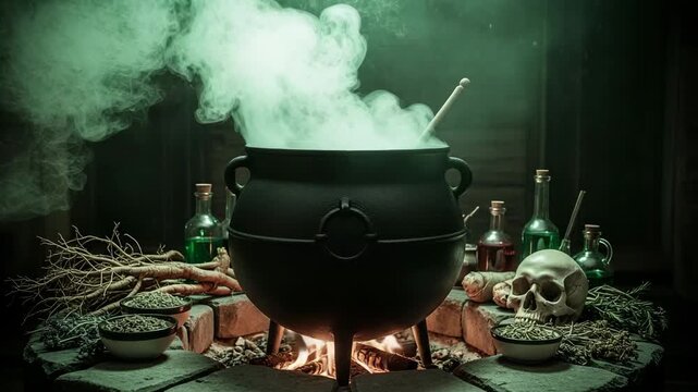 Witch cauldron with green smoke boiling over fire surrounded by potion bottles, herbs and skull creating spooky Halloween ritual atmosphere