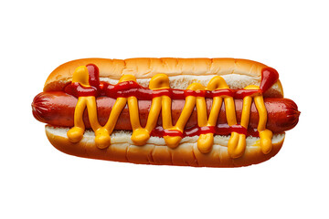 Top view of a delicious and spicy hot dog on a vibrant yellow background, featuring a generous drizzle of mustard and chili peppers.