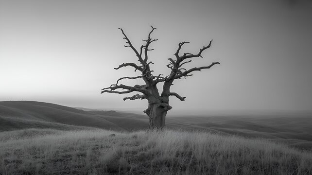 A solitary, gnarled tree stands silhouetted against a misty landscape.