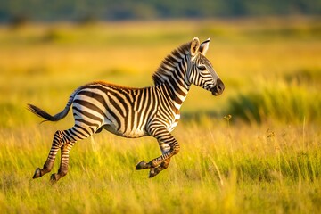 Fototapeta premium Young Zebra Galloping Through Golden Grassland in African Wildlife Safari