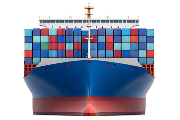 Front view of a large modern cargo ship loaded with colorful shipping containers isolated on transparent background