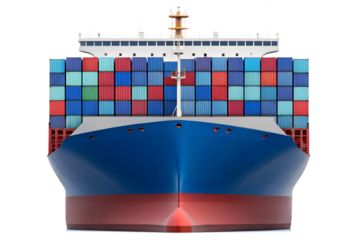 Front view of a large modern cargo ship loaded with colorful shipping containers isolated on transparent background