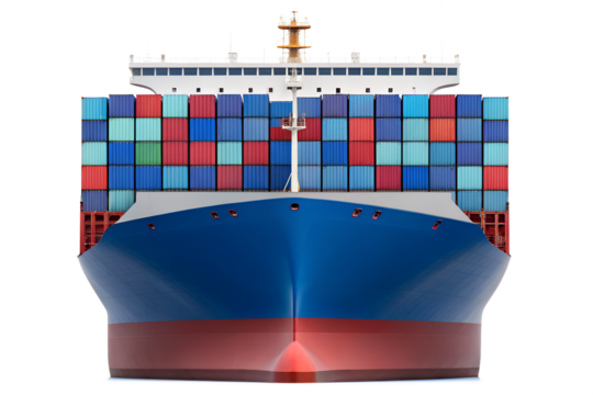Front view of a large modern cargo ship loaded with colorful shipping containers isolated on transparent background