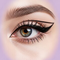 Obraz premium Close-up of female eye with winged eyeliner and natural eyebrow on caucasian young adult