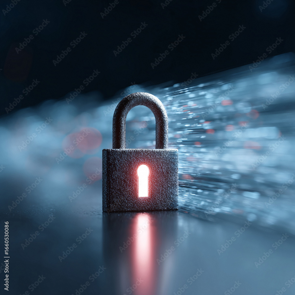 Poster secure data, digital protection. padlock against a stream of light, representing information flow. c